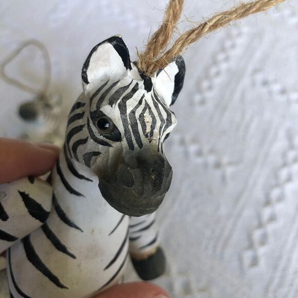 Vintage Wooden Zebra Ornaments Set Of 2 Jointed Hand-Painted 5.75" Folk Art 90s - Picture 5 of 11